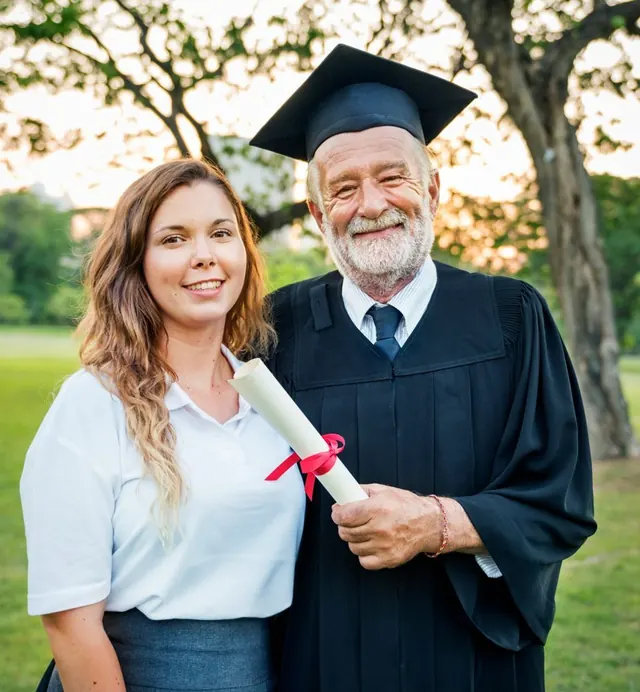 A proud older graduate holding his diploma beside his daughter
