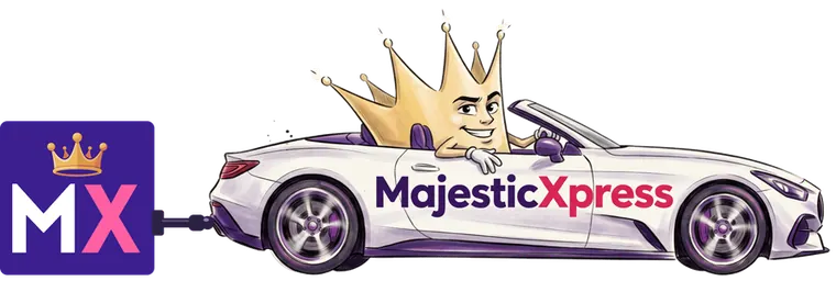 MajesticXpress: the crown mascot driving a convertible, towing the MX logo